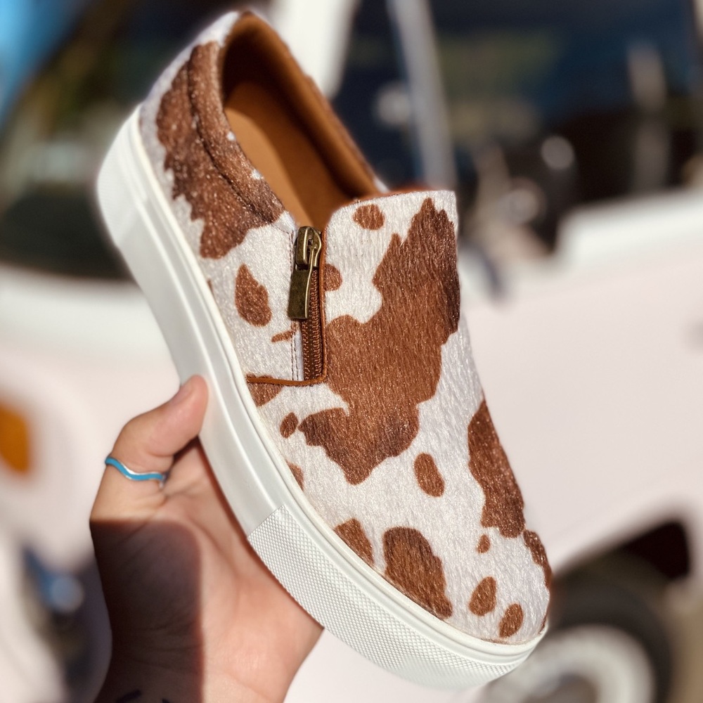 Cream and Brown Cow Print Sneakers with Textured Finish